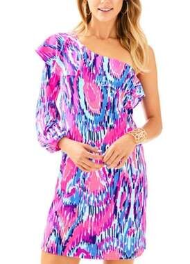 Lilly Pulitzer Amante 100% Silk Jersey Stretch One Shoulder Lined Dress